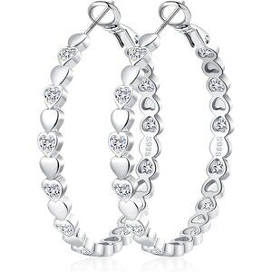 925 Silver-40mm Heart Cubic Zirconia Large Rhinestone Hoop Earrings for Womens